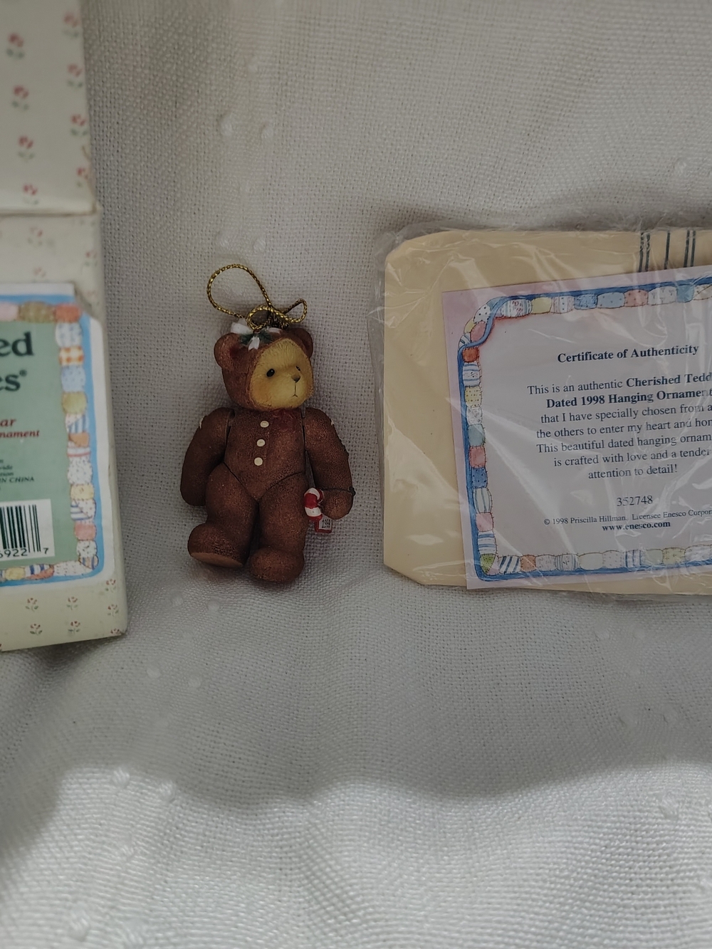 Cherished Teddies Brown and Cream Bear Hanging Ornament with Gold Loop